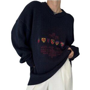 Structure Vintage Navy French Crest Knit Crewneck Sweater Embroidered Size XL